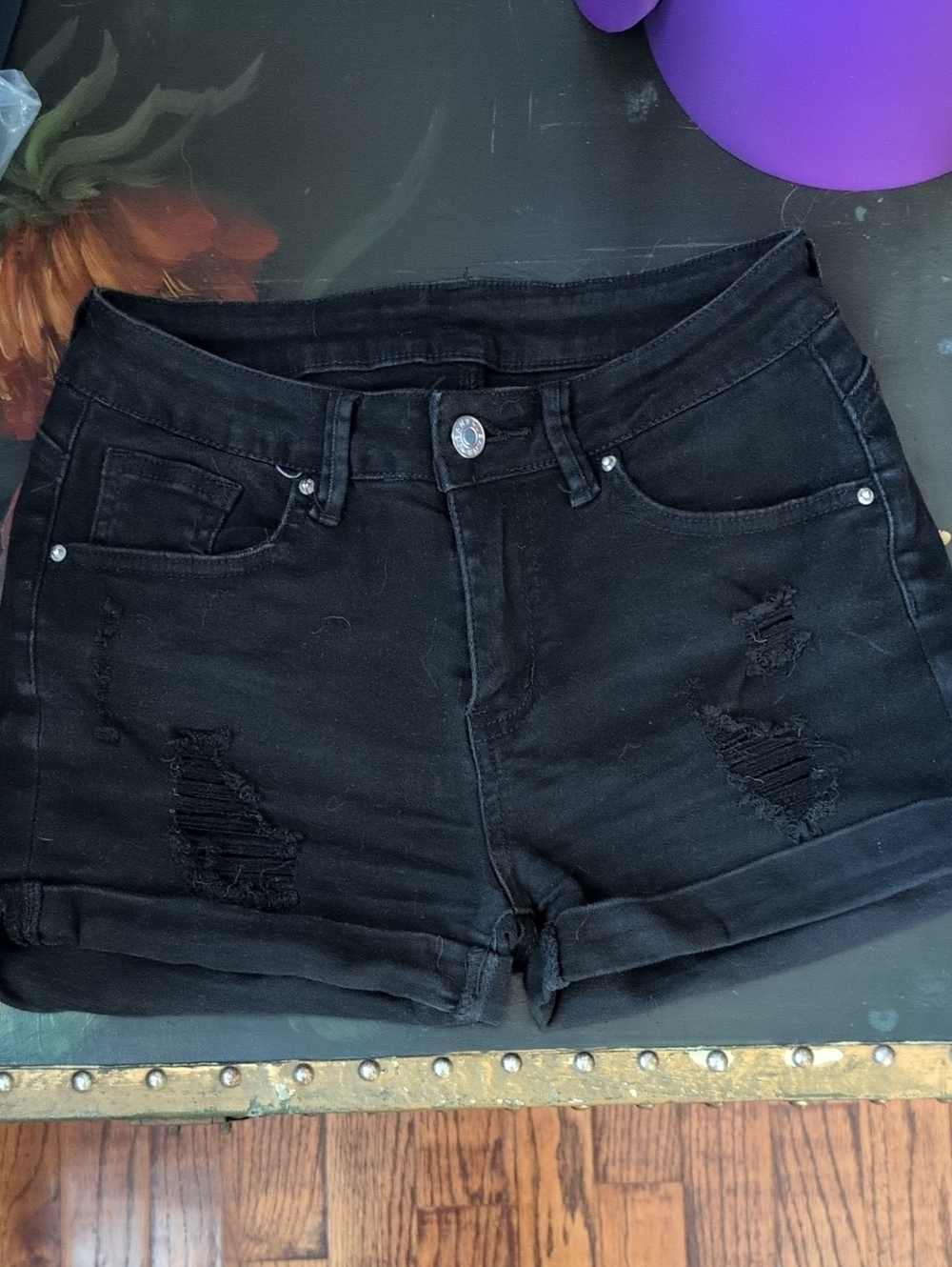Black Distressed High-Rise Women's Denim Shorts